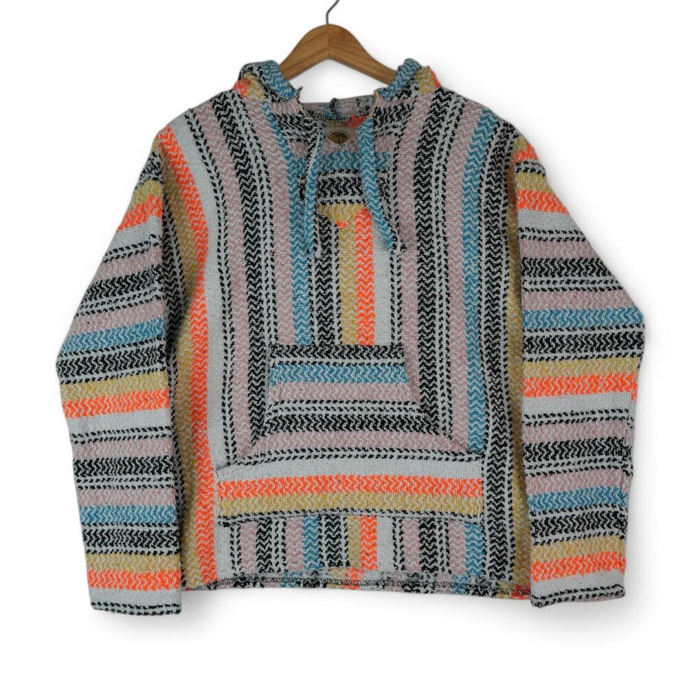 Earth Ragz Drug Rug Mexican Poncho Baja Hoodie Sweatshirt‎ Pastel M Hippie Boho